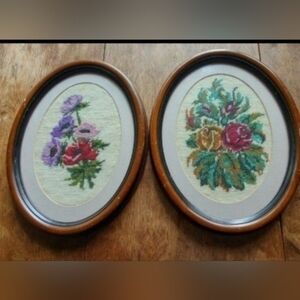 Vintage‎ embroidered oval floral frames needlepoint pieces